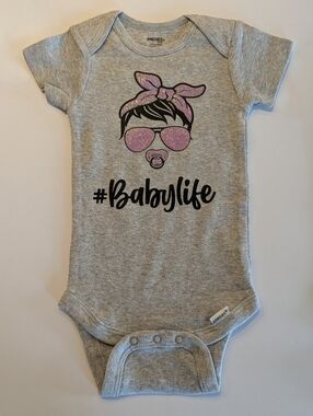 Heather Gray Baby One-Piece with Pink Glitter Graphic - #Babylife